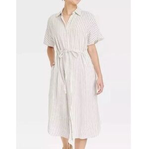 A New Day Dress NWT White Short Sleeve Linen Midi Shirt Dress Size Medium